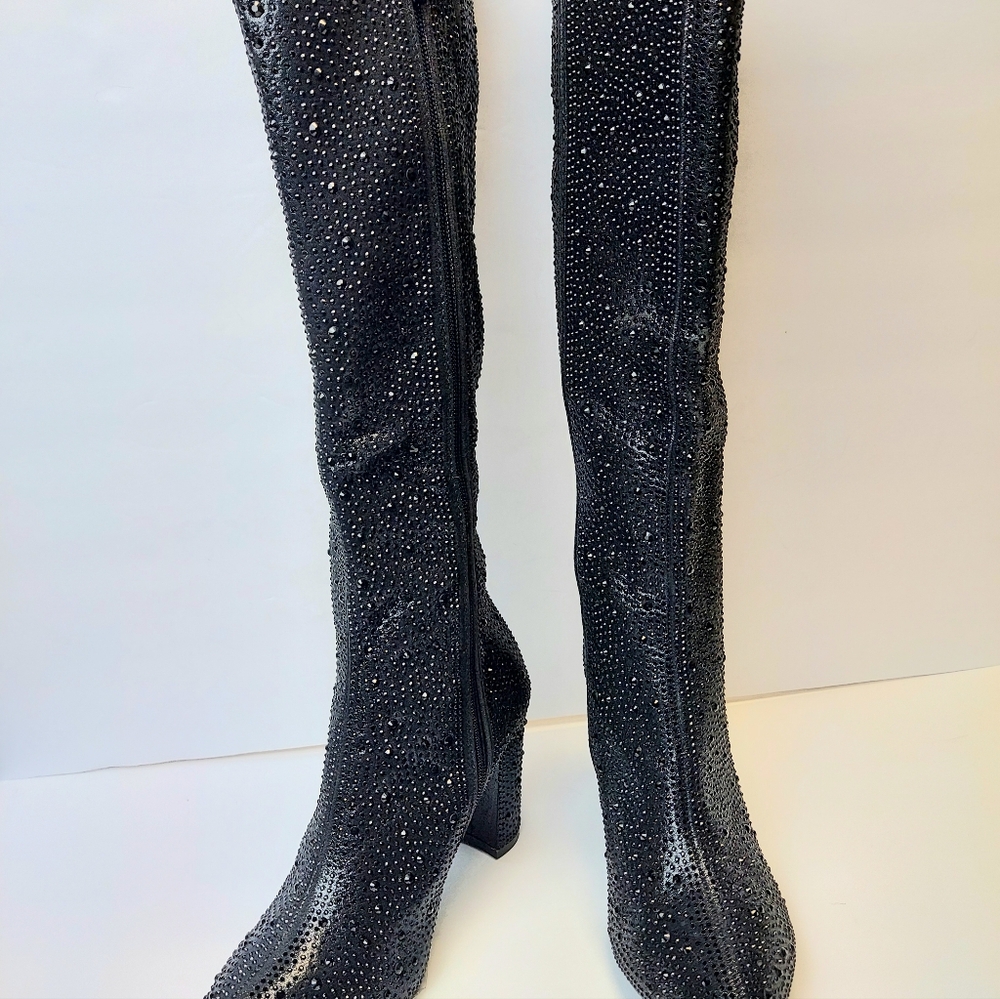 TOP MODA Mariha Women's 6.5 Black Sparkly Knee High Boots Pointed Toe Zip Up